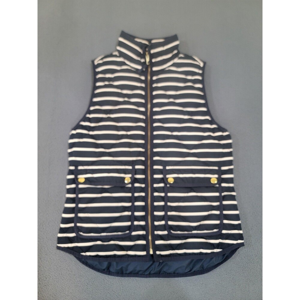 J Crew Vest Womens‎ Small Navy White Stripe Quilted Down Puffer Pockets Preppy